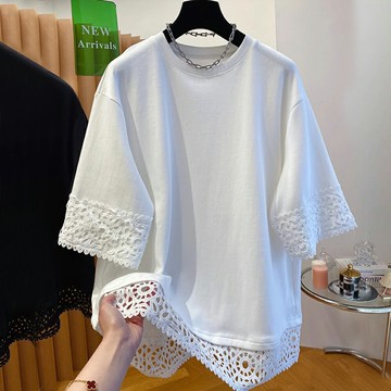 ＊ORead＊韓版蕾絲撞色圓領短袖T恤上衣(3色M~4XL)【限定加碼✿全館滿額再折】