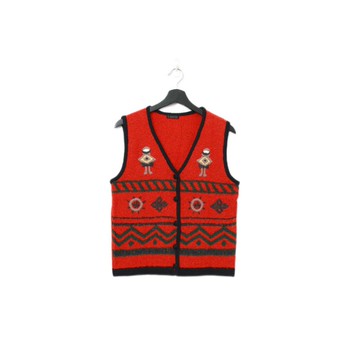 Back to Green-復古毛料背心 正紅圖騰 v-01/sweater vest