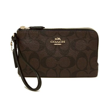 COACH - 滿版LOGO皮革L型雙層手拿包 (咖啡色)