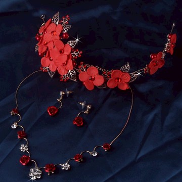 玫瑰花之戀 新娘項鏈 紅色項鏈新娘飾品結婚軟頭飾項鏈套鏈包郵