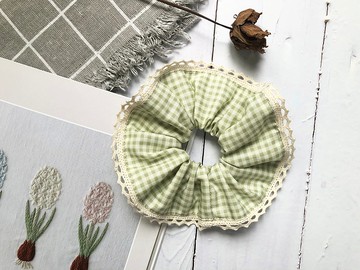 手作髮飾。大腸圈。日系綠格子