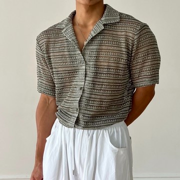 正韓復古開領橫條圖騰短袖襯衫 5色  YUPPIE 預購商品 0901