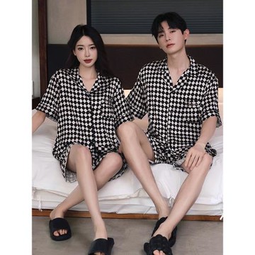 樂姿夢高級感情侶睡衣女夏天冰絲短袖短褲家居服男士開衫涼感套裝