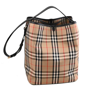 BURBERRY 8102169 格紋款大容量單肩背/手提兩用水桶包.黑邊