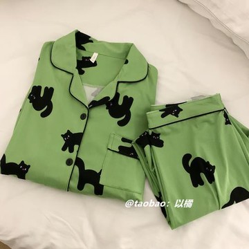 韓國ins小黑貓睡衣女春秋季2024年新款純棉翻領可外穿家居服套裝