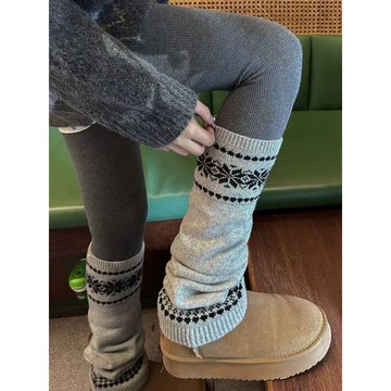 韓係費爾島女款襪子秋冬堆堆襪套粗綫針織雪花顯瘦保暖灰色小腿套 襪套 辣妹堆堆襪 加厚泡泡襪 長筒襪 保暖襪子 G3BG