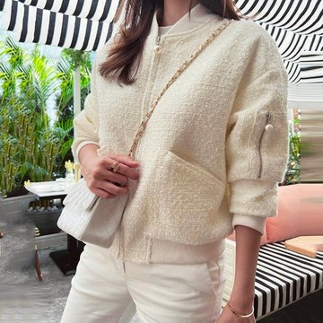 【白鳥麗子】小香風珍珠拉鍊口袋毛呢外套 店長推薦