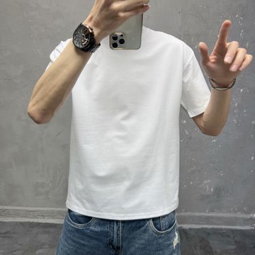 2024年青年潮男純色全棉大碼短袖男圓領休閑夏季落肩寬松半袖T恤