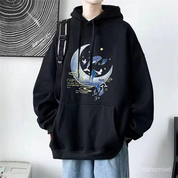 臺灣出貨 M-8XL 長袖上衣 港風海豚月亮印花長袖T恤 男裝 衣服男 學生服 男生衣服 情侶裝