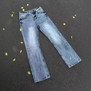 閃電波紋冰藍牛仔 必入重工水洗紋竹節直筒微喇牛仔褲鑫弘-衣錦男裝