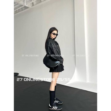 27 ONLINESTORE黑色美式復古皮衣外套氣質百搭2025年新款夾克上衣