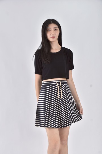 (S) 抽繩條紋藍色長裙