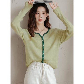 帛卡琪2026春秋新款v領拼色坑條長袖針織衫毛衣女修身打底衫上衣