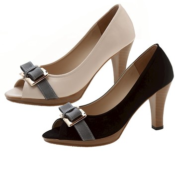 【白鳥麗子】魚口鞋 MIT氣質蝴蝶結皮革金屬方釦高跟包鞋 店長推薦