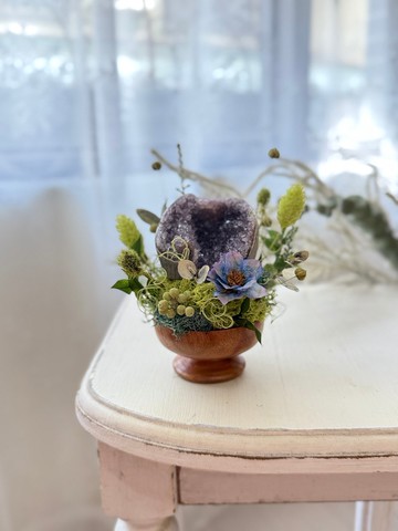 旋轉小窩 能量加持水晶擺飾 。紫水晶 永生葉材綠植栽