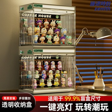 【帶燈防塵】手辦展示盒 盲盒展示盒 樂高展示盒 玩偶收納盒 透明展示櫃 多層大容量 家用桌面擺件 內置LED燈帶 防塵防潮