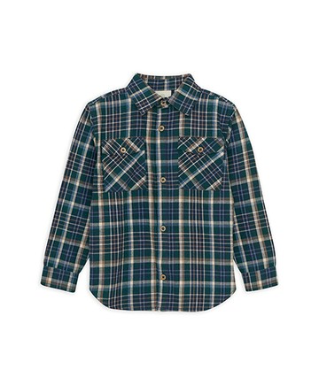 有機棉格紋長袖襯衫(藍綠)98cm