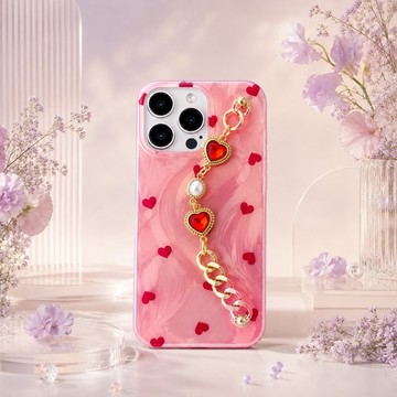 紅色愛心與珍珠感鏈條 iPhone 手機殼 | 粉色・宛如飾品般的存在