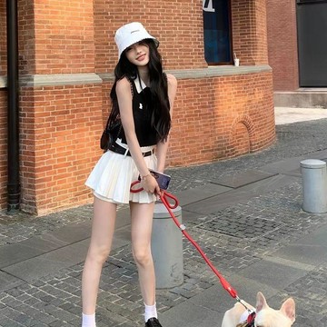 【學院風POLO領】修身針織背心 短款上衣 小個子百褶短裙 兩件套裝 夏季 學院風 針織背心 POLO領上衣 短裙套裝