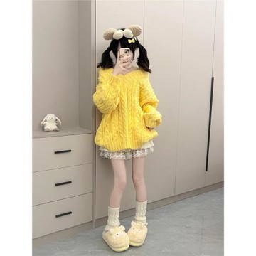 大碼胖MM黃色奶系V領麻花毛衣女加厚2026秋冬寬松中長款軟糯上衣