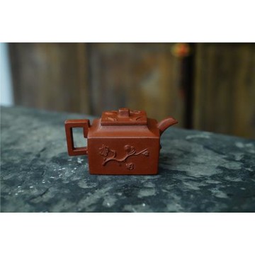 90年代臺定全手工紫砂壺 原礦粗砂老朱泥四方壺 刻梅花月下長吟款