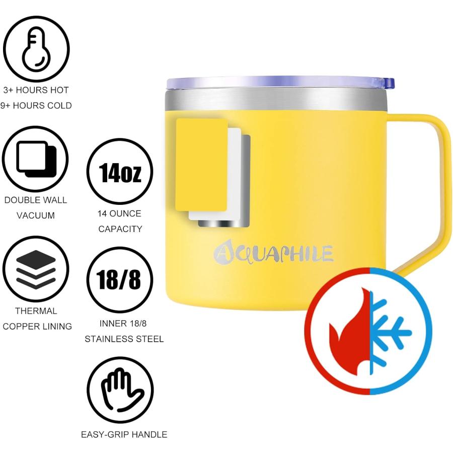 AQUAPHILE 14oz Stainless Steel Insulated Coffee Mug with Handle  Double Walled Vacuum Travel Cup with Lid  Reusable Thermal Coffee Cup  Portable Co