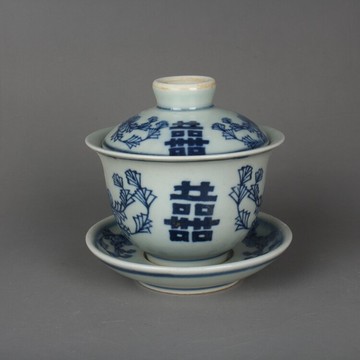 晚清民國民窯青花喜字蓋杯三才碗 古玩古董陶瓷器仿古老貨收藏品