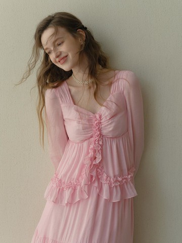 LB ruffle square neck blouse [Pink]