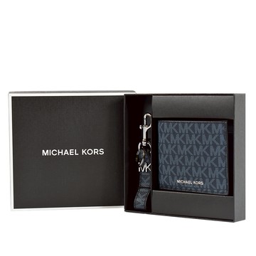 MICHAEL KORS 男款 緹花LOGO防刮皮革六卡短夾/鑰匙圈禮盒-藍色
