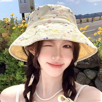 桃園出貨✨日系可愛甜美碎花雙面漁夫帽子女夏季大帽檐遮陽防曬顯臉小盆帽潮