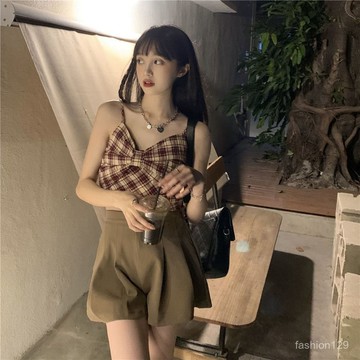 💛限時下殺💛【3.6萬人收藏】套裝女2025夏季新款格子蝴蝶結吊帶背心西裝闊腿褲高腰百褶短褲