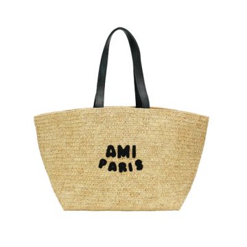 Ami 立體黑logo草編肩背托特包(米/黑)