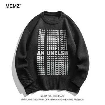 MEMZ高街潮流字母設計感圓領套頭毛衣秋冬季學生保暖百搭針織衫男