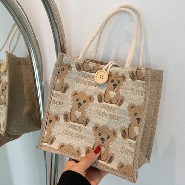 高顏值可愛卡通麻布包包女ins休閑外出手拎便當包亞麻手提飯袋子