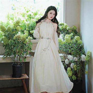 【米蘭精品】長洋裝長袖連身裙-掛脖削肩腰帶波希米亞風女裙子2色74kh23