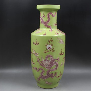 大清康熙年制無光綠釉粉彩云龍紋棒槌瓶仿古瓷器家居擺件古董古玩1入