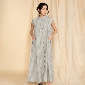 手織布_頁岩間隙小立領洋裝_糸雨