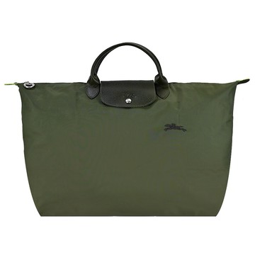 [平輸版]LONGCHAMP LE PLIAGE GREEN系列刺繡短把再生尼龍摺疊旅行袋(大/森林綠)真品平輸