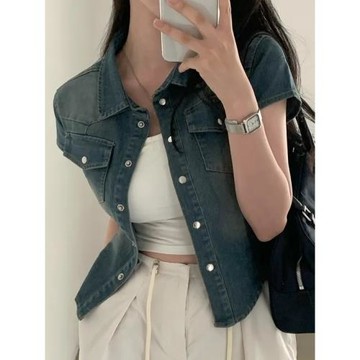 韓國春季短款開衫收腰顯瘦牛仔襯衫外套女港風復古chic單排扣上衣