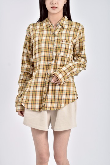 (M) hollister質感棉質純棉長袖格紋黃色襯衫上衣