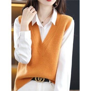 秋冬新款羊絨針織衫女休閑無袖V領馬甲套頭純色毛衣純羊毛打底衫