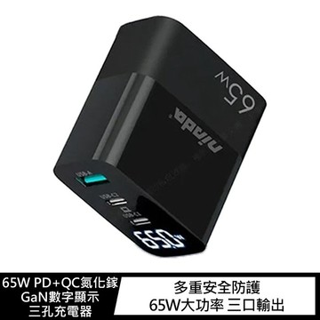 GaN 65W PD+QC氮化鎵數字顯示三孔充電器【APP賺6%點數 領券最高折500】