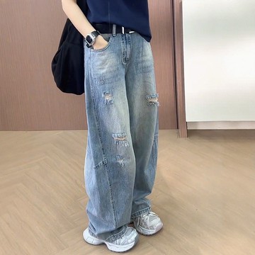 牛仔褲 高腰 闊腿褲 顯瘦 顯高 大碼破洞闊腿牛仔褲女2025夏季胖mm顯瘦寬鬆直筒彎刀長褲子 VO2V