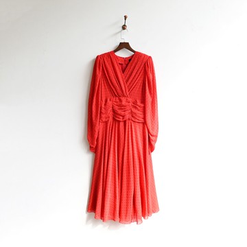 【蛋植物古著】胭脂紅點日本製精工打褶長袖古著洋裝