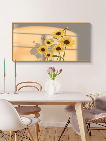 餐廳裝飾畫高檔 向日葵飯廳掛畫 橫版歺廳畫 客廳沙發背景墻掛畫