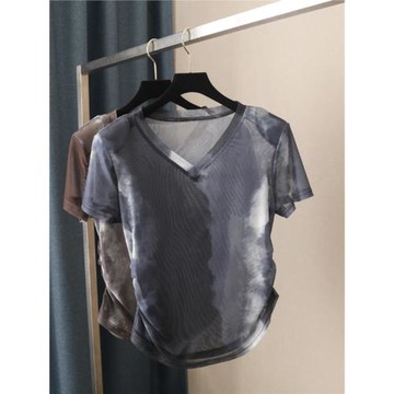 春夏新款套頭鏤空復古風印花褶皺帶肩墊v領短袖蕾絲網紗上衣罩衫