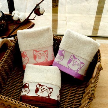 【台灣興隆毛巾】有機棉  福氣Q貓咪緞條方巾/洗臉巾 6條方巾組