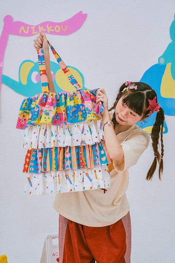 昭和少女印花 拼接蛋糕肩背包