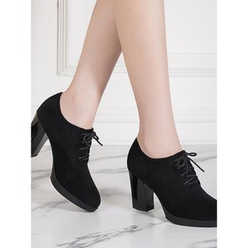 百麗倪姍真皮小皮鞋女2025春秋新款高跟鞋粗跟防水臺大碼中跟單鞋