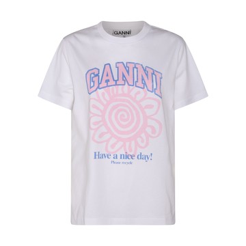 Ganni - White, Pink And Blue Cotton T-shirt